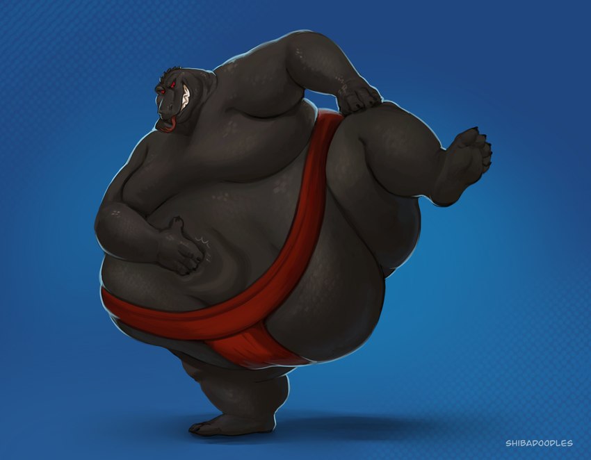 anthro asian_clothing belly belly_overhang belly_slap big_belly black_body clothed clothing east_asian_clothing hand_on_leg huge_belly hyper hyper_belly japanese_clothing male mawashi moobs morbidly_obese obese obese_anthro obese_male on_one_leg overweight overweight_anthro overweight_male raised_leg red_eyes simple_background slap slapping_own_belly slapping_self solo standing sumo sumo_wrestler tongue tongue_out shibadoodles epic_games fortnite thunder_(fortnite) komodo_dragon lizard monitor_lizard reptile scalie 2024 absurd_res hi_res