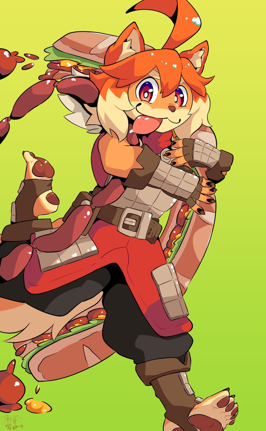 5_toes ahoge anthro armor barefoot belt_pouch blep boots brown_nails claws clothed clothing colored_nails feet female fingerless_gloves food footwear fur gloves green_background hair handwear hindpaw holding_food holding_object holding_sandwich humanoid_feet inner_ear_fluff looking_at_viewer meat meatball nails orange_body orange_fur orange_hair pawpads paws plantigrade plantigrade_pawpads running sandwich_(food) sausage sausage_link shoes simple_background soles solo stirrup_boots stirrup_footwear submarine_sandwich toe_claws toeless_boots toeless_footwear toes tongue tongue_out tuft white_background himeko_nodanuki dog_knight_rpg maci_(ceehaz) canid canine canis domestic_dog mammal pomeranian spitz 2025 hi_res signature