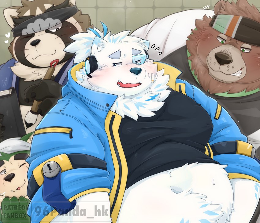 anthro belly big_belly blush brown_body brown_fur clothing fur green_body green_fur group kemono male one_eye_closed overweight overweight_male shirt topwear white_body white_fur wink 96panda lifewonders live_a_hero goro_(live_a_hero) mokdai shoen yohack bear canid canine canis domestic_dog mammal nordic_sled_dog raccoon_dog samoyed spitz tanuki 2023 absurd_res hi_res