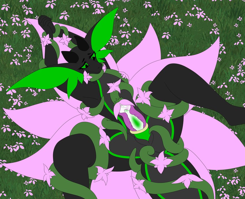 anal anal_penetration anthro anthro_penetrated arms arms_above_head big_ears black_body black_eyes bodily_fluids bound cum ejaculation erection eyelashes femboy field_background flower genital_fluids genitals green_markings green_penis green_sclera horn looking_down looking_pleasured male markings milking_tentacles penetration penile penis penis_milking pink_flower plant restrained restrained_by_tentacles solo spread_legs spreading tail tapering_penis tentacle_around_neck tentacle_penetration tentacles tentacles_around_arms tentacles_around_legs tentacles_around_tail zaks mythology zaks_(character) dragon elemental_creature flora_fauna luceiry mythological_creature mythological_scalie scalie absurd_res flat_colors hi_res