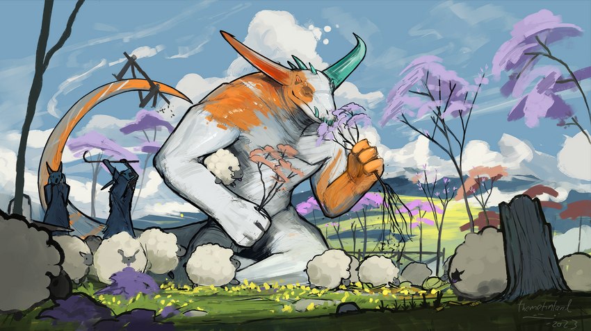 ambiguous_gender angry anthro arms_above_head black_body blep cloud destruction eyes_closed fence feral flower fur grass green_horn group head_spikes hill holding_object holding_tree horn light markings open_mouth orange_body orange_horn outside plant shepherd shepherd's_crook sitting size_difference sky sniffing spikes spikes_(anatomy) standing striped_markings striped_tail stripes sunlight surprised_expression tail tail_markings tongue tongue_out tree tree_stump white_body white_fur white_wool wool_(fur) themefinland mythology bovid caprine dragon mammal monster mythological_creature mythological_scalie scalie sheep 2023 dated digital_media_(artwork) hi_res signature