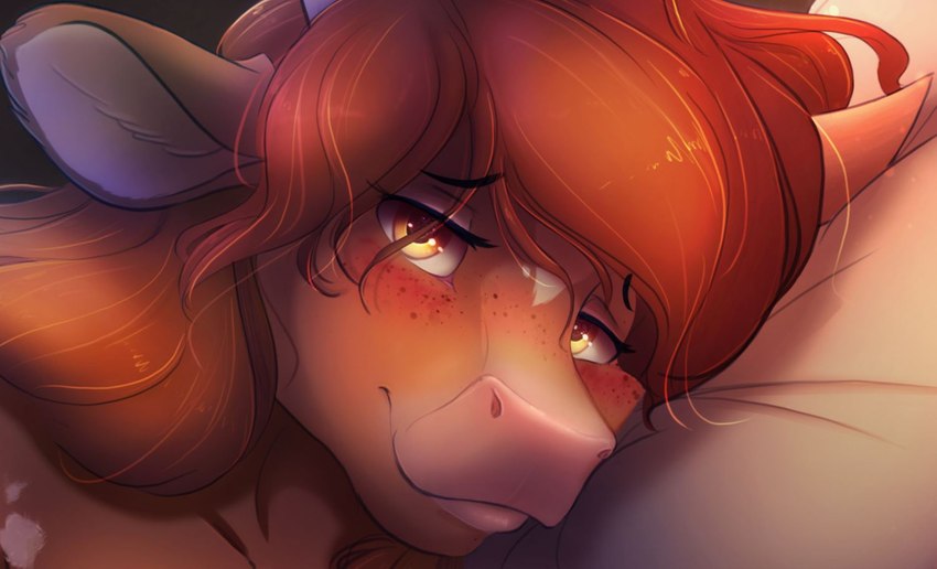 anthro blush brown_body brown_fur brown_hair close-up eyebrows eyelashes female freckles fur hair long_hair looking_at_viewer pillow smile solo ardail changeling_tale marion_(changeling_tale) bovid bovine cattle hereford_cattle mammal 2022