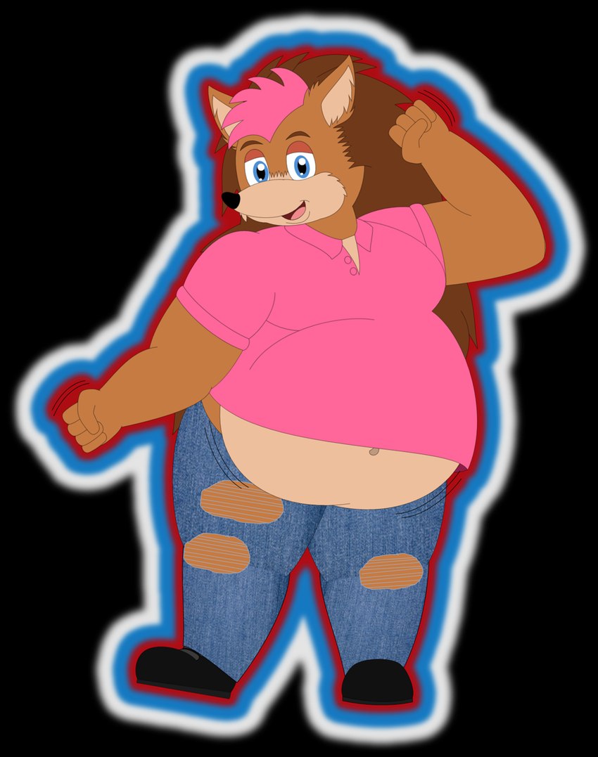 5_fingers anthro belly belly_overhang bent_arm big_belly black_clothing black_footwear black_nose black_shoes blue_bottomwear blue_clothing blue_eyes blue_pants bottomwear brown_body brown_eyebrows brown_fur brown_hair button_(fastener) clothed clothed_anthro clothed_male clothing denim denim_bottomwear denim_clothing eyebrows fingers fist footwear fur hair jeans long_hair looking_at_viewer male male_anthro moobs motion_lines navel obese obese_anthro obese_male on_one_leg open_mouth open_polo_shirt open_smile outline overweight overweight_anthro overweight_male pants pink_hair pink_polo_shirt pink_tongue polo_shirt shirt simple_background smile smiling_at_viewer solo standing tan_body tan_fur tan_inner_ear tongue topwear torn_bottomwear torn_clothing torn_pants transparent_background ashleywolf259 rasputin_(song) jamie_"snuffles"_dragunov eulipotyphlan hedgehog mammal somali_hedgehog 2022 alpha_channel hi_res