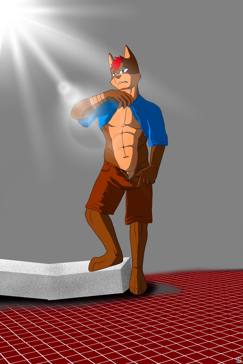 5_fingers abs anthro blue_clothing blue_eyes blue_shirt blue_topwear bottomwear bottomwear_pull brown_body brown_fur clothed clothing clothing_lift clothing_pull fingers fur genitals hair male multicolored_body multicolored_fur penis penis_base red_hair shirt shirt_lift shorts shorts_pull solo topwear two_tone_body two_tone_fur zipper sergld mammal absurd_res hi_res