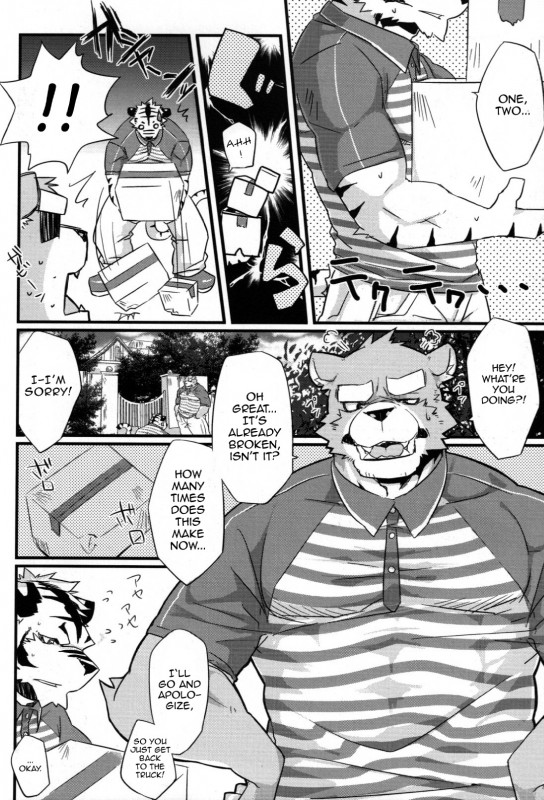 anthro biceps big_muscles bodily_fluids clothing dialogue fur male muscular muscular_male open_mouth package pattern_clothing pattern_topwear shirt striped_clothing striped_topwear stripes sweat text topwear kenn bear felid mammal pantherine tiger comic english_text greyscale hi_res monochrome translated