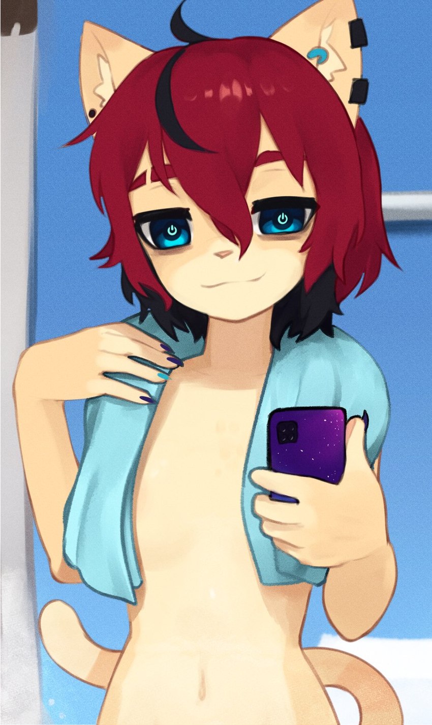 5_fingers anthro breasts cellphone claws ear_piercing electronics female female_anthro finger_claws fingers fur hair holding_object holding_phone kemono looking_at_viewer mirror_selfie multicolored_body multicolored_fur multicolored_hair navel nude phone piercing power_symbol pupils selfie short_hair small_breasts smartphone solo tail towel unusual_pupils yoako aeiou_(yoako) domestic_cat felid feline felis mammal 2023 digital_media_(artwork) hi_res