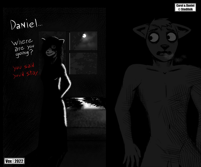 anthro balls black_hair blood bodily_fluids breath dialogue duo female flaccid genitals hair hiding male male/female nightmare_fuel nude panting penis scared smile text voxatious carol_(hladilnik) daniel_(hladilnik) canid canine canis domestic_dog ghost mammal spirit wolf absurd_res english_text hi_res monochrome