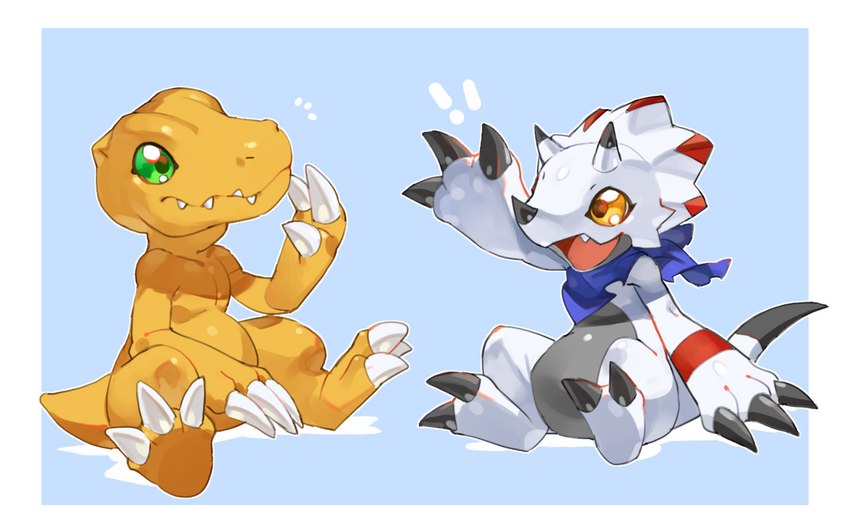 ambiguous_gender anthro belly black_claws claws duo green_eyes horn kerchief sitting slightly_chubby white_body white_claws yellow_body yellow_eyes wolftapioca bandai_namco digimon digimon_ghost_game agumon digimon_(species) dinosaur gammamon prehistoric_species reptile scalie 2021 digital_media_(artwork)