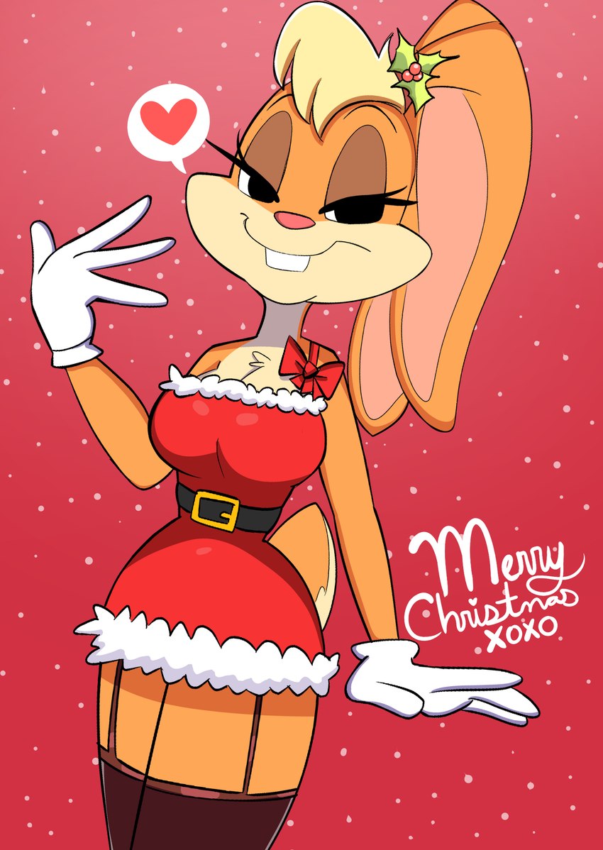 anthro buckteeth clothing clothing_bow female garter_straps heart_symbol holidays holly_(plant) legwear looking_at_viewer plant ponytail_ears santa_dress snow solo stockings teeth text xoxo onibi christmas looney_tunes warner_brothers lola_bunny lagomorph leporid mammal rabbit absurd_res english_text hi_res