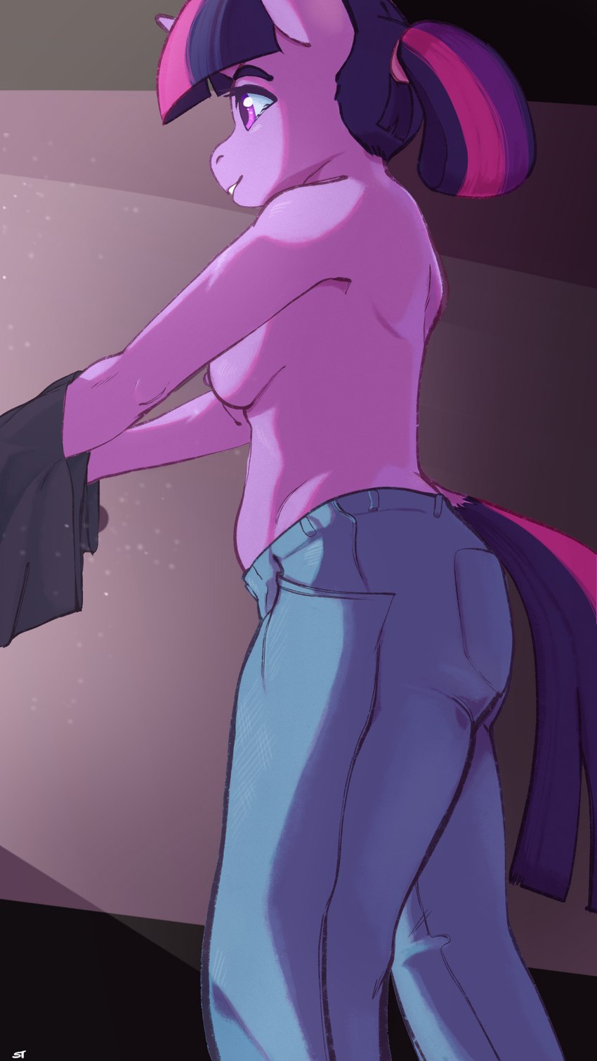 anthro anthrofied bottomwear breasts clothed clothing denim denim_bottomwear denim_clothing eyebrows female fur hair horn jeans nipples pants partially_clothed purple_body purple_eyes purple_nipples shirt smile solo standing topless topwear unicorn_horn white_body white_fur storyteller_(artist) friendship_is_magic hasbro my_little_pony mythology twilight_sparkle_(mlp) equid equine mammal mythological_creature mythological_equine unicorn 9:16 hi_res