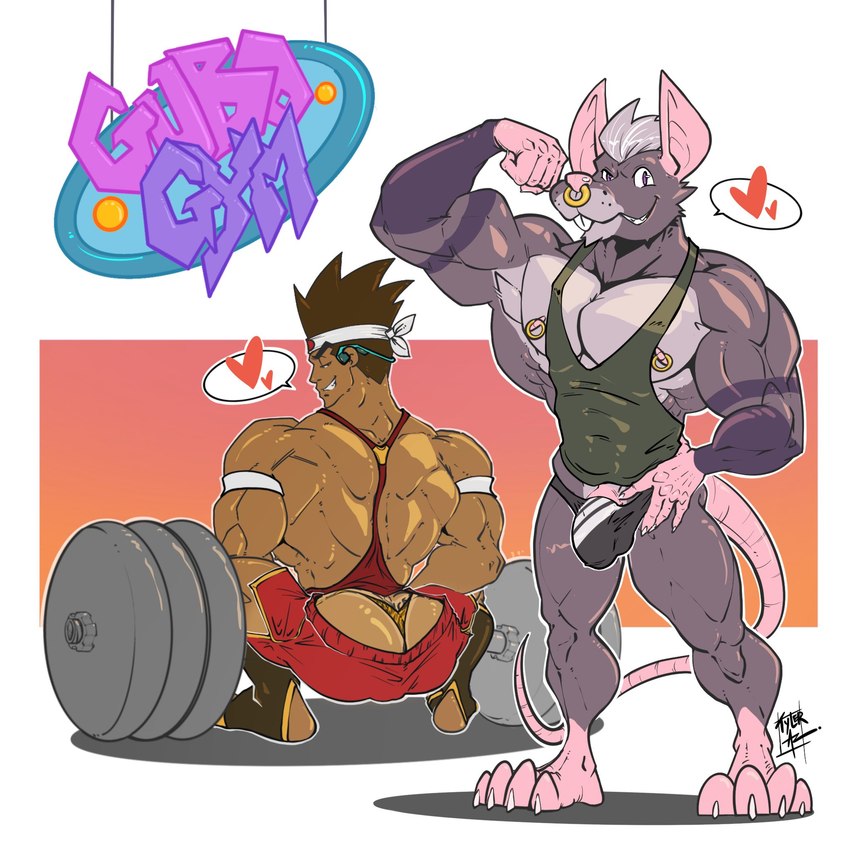 abs anthro back_muscles big_muscles big_pecs buckteeth bulge butt canon_x_oc clothing duo facial_piercing flexing fur genitals grey_body grey_fur grey_hair grin hair heart_symbol human_on_anthro interspecies long_ears male male/male mostly_nude multicolored_body multicolored_fur muscular muscular_anthro muscular_human muscular_male nipple_piercing nipples nose_piercing pecs penis piercing pink_body presenting shirt smile tank_top teeth text thong topwear underwear white_body white_fur tyleraz fatal_fury snk arkham_bennet joe_higashi human mammal murid murine rat rodent 1:1 english_text hi_res signature