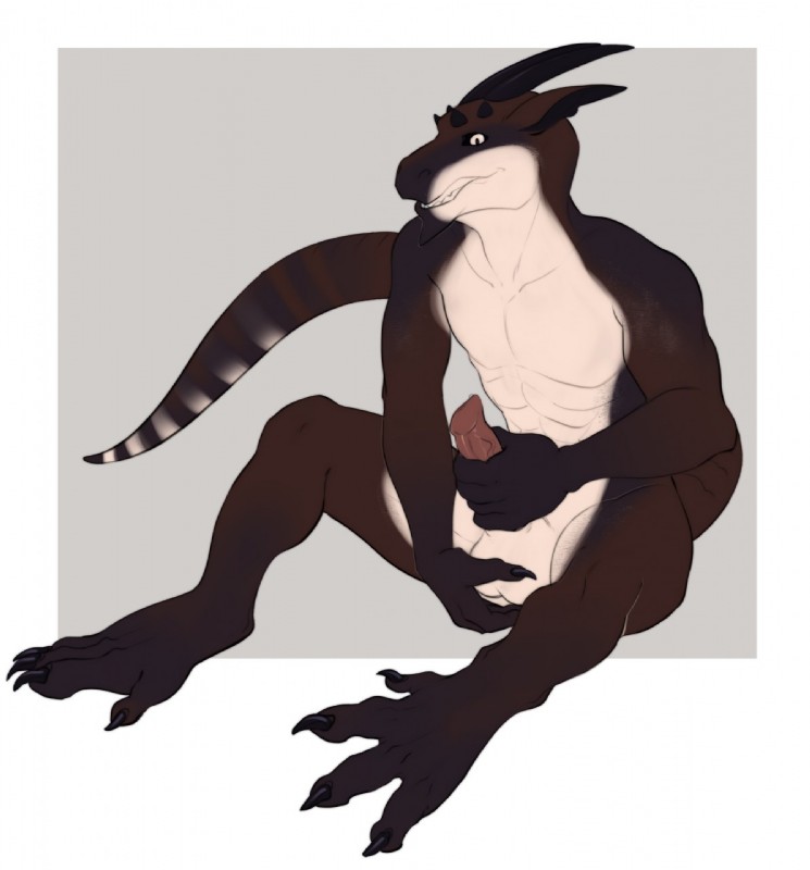 4_toes 5_fingers anthro balls biped claws feet fingers genitals horn male masturbation penile penile_masturbation penis sitting solo toe_claws toes melamoryblack thaine kobold scalie 2019 digital_media_(artwork) hi_res