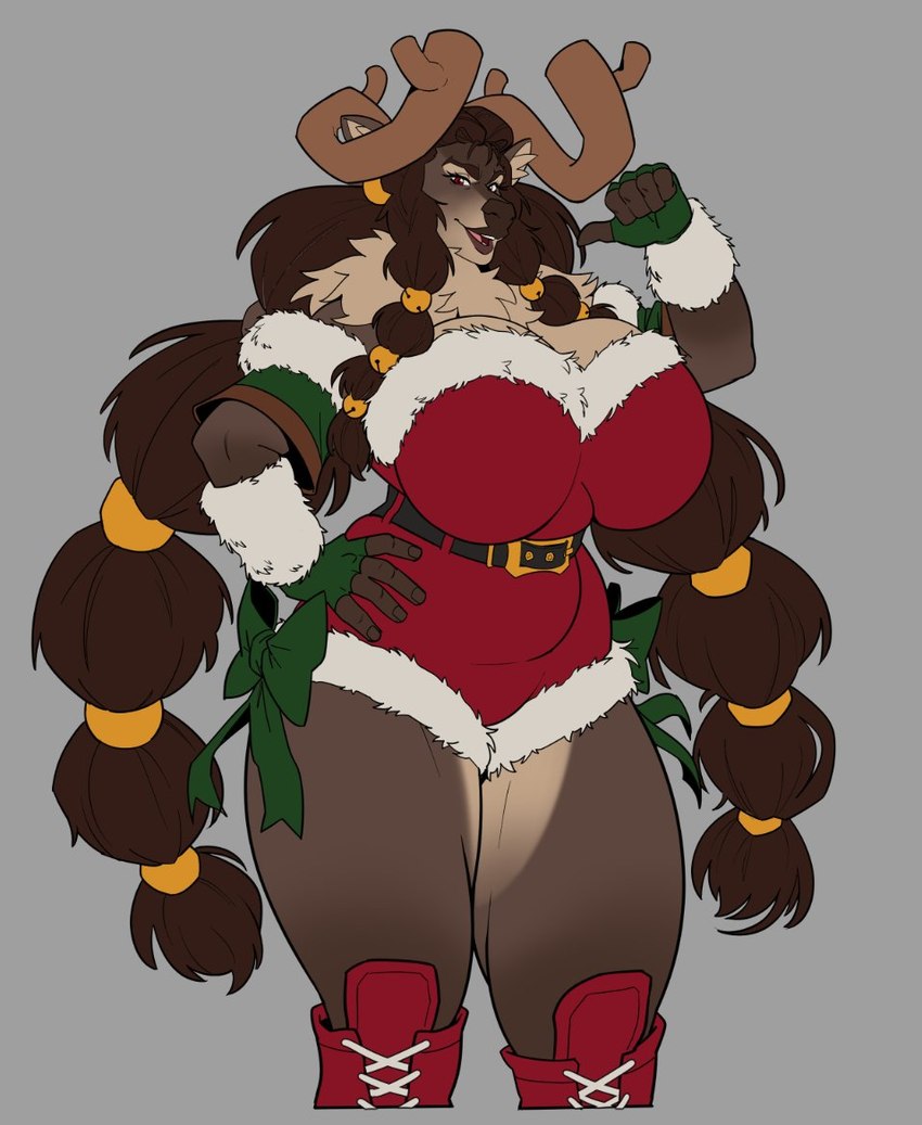 anthro antlers biped braided_hair christmas_clothing christmas_topwear clothed clothing female fingerless_gloves gloves hair handwear holidays horn long_hair looking_at_viewer muscular muscular_anthro muscular_female open_mouth simple_background solo suit topwear boosterpang christmas cinnamon_(themostsuave) deer mammal new_world_deer reindeer 2024