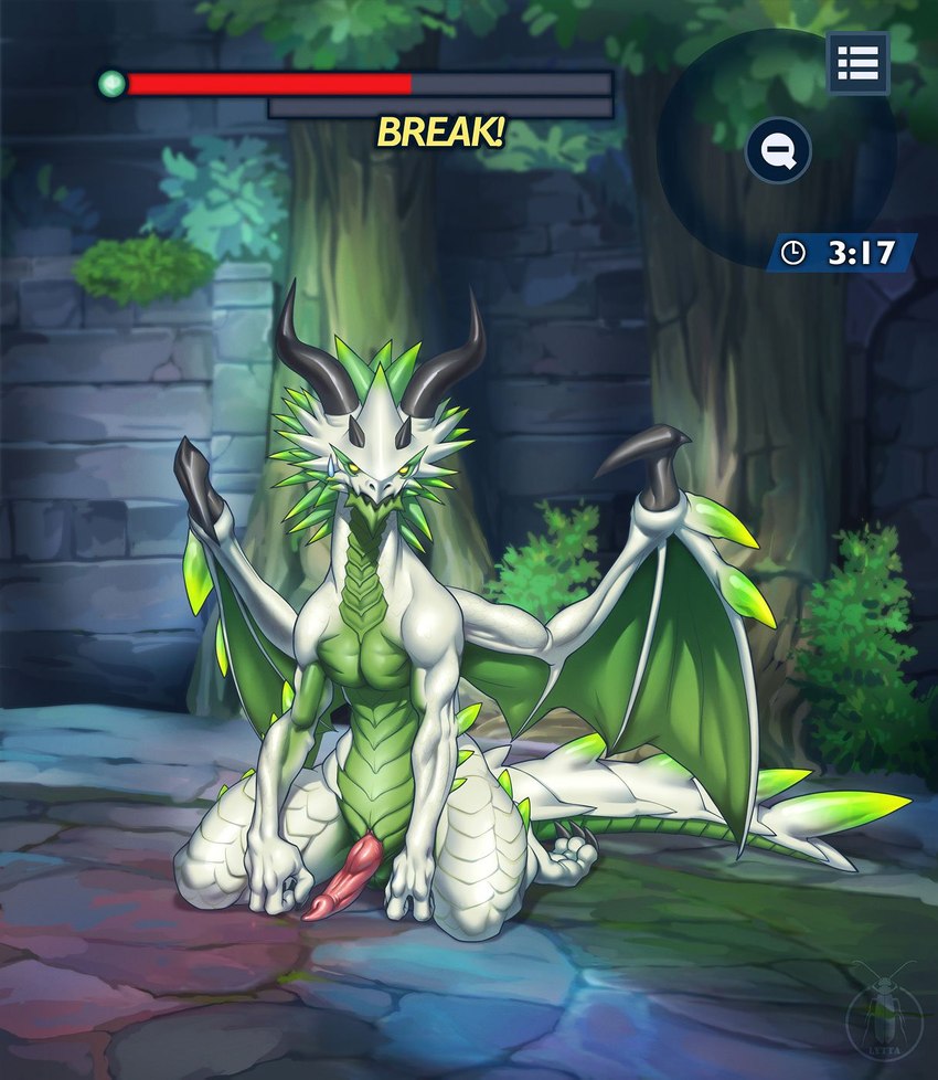 animal_genitalia anthro genital_slit genitals horn hud kneeling looking_at_viewer male pecs penis solo tail text user_interface wings lytta_the_bug cygames dragalia_lost european_mythology mythology nintendo high_midgardsormr_(dragalia_lost) midgardsormr_(dragalia_lost) dragon mythological_creature mythological_scalie scalie western_dragon hi_res