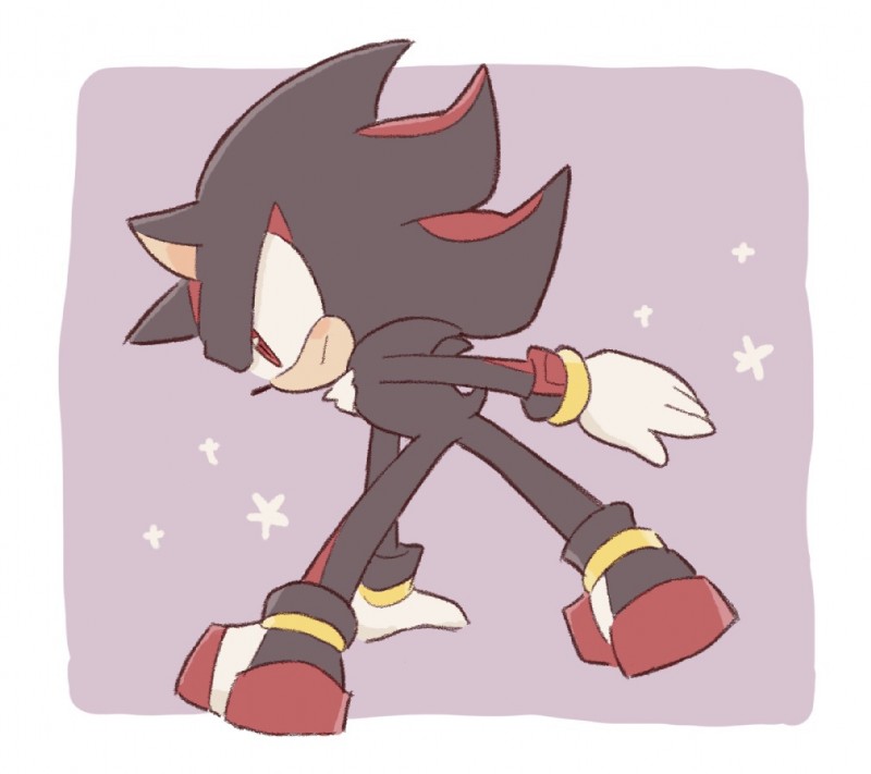 anthro biped black_body black_fur border clothing footwear fur gloves handwear male purple_background red_body red_eyes red_fur shoes simple_background solo standing white_border buke3jp sega sonic_the_hedgehog_(series) shadow_the_hedgehog eulipotyphlan hedgehog mammal