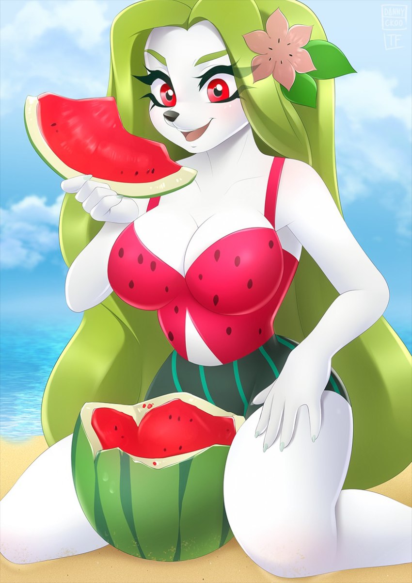 anthro anthrofied beach blush breasts cleavage clothed clothing female flower flower_(anatomy) food food_clothing food_print fruit fruit_clothing fruit_print head_flower holding_food holding_fruit holding_melon holding_object holding_watermelon keyhole_clothing melon one-piece_swimsuit pattern_clothing pattern_one-piece_swimsuit pattern_swimwear plant plant_print pokemorph print_clothing print_one-piece_swimsuit print_swimwear seaside solo spots spotted_clothing spotted_one-piece_swimsuit spotted_swimwear striped_clothing striped_one-piece_swimsuit striped_swimwear stripes swimwear watermelon watermelon_print dannyckoo tresertf nintendo pokemon generation_4_pokemon land_forme_shaymin legendary_pokemon mammal pokemon_(species) shaymin hi_res