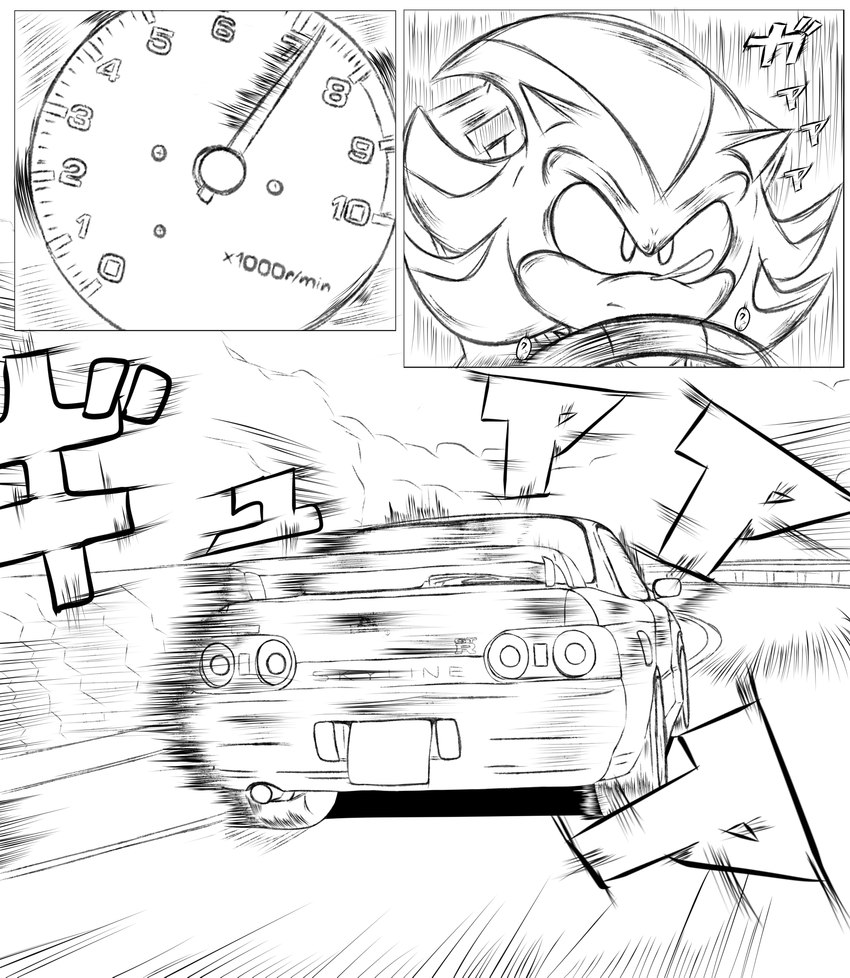 anthro car inside_car inside_vehicle male solo vehicle ultimateshadow nissan_skyline sega sonic_the_hedgehog_(series) shadow_the_hedgehog eulipotyphlan hedgehog mammal comic hi_res monochrome