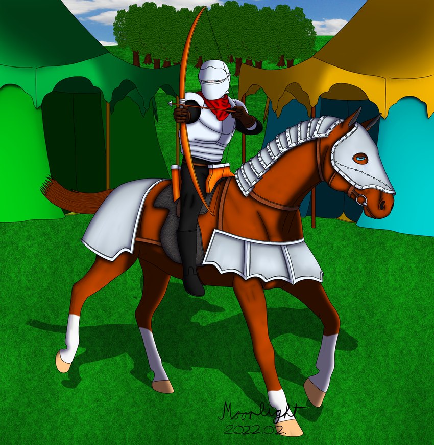 ambiguous_gender armor bridle duo feral feral_armor furgonomics knight male quadruped reins saddle warrior moonlight28 equid equine horse human mammal hi_res