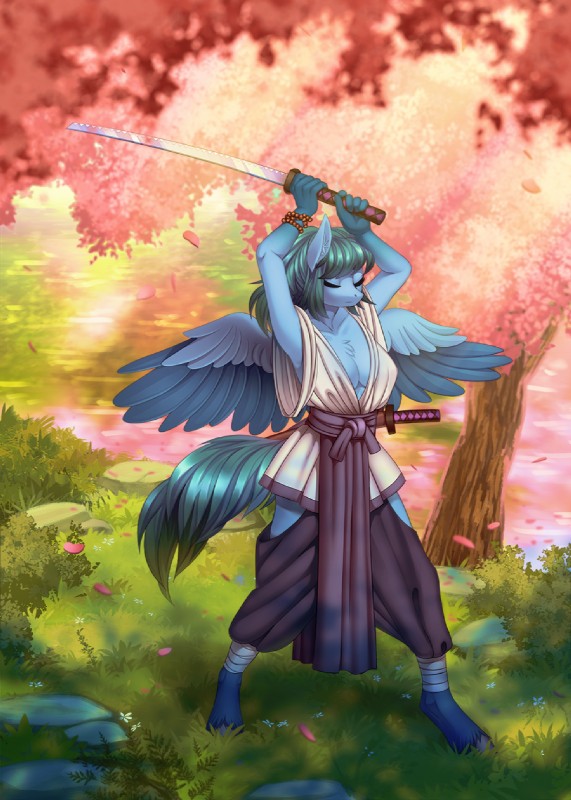 5_fingers anthro anthrofied asian_clothing beads biped blue_body blue_feathers bracelet breasts cherry_tree chest_tuft cleavage clothed clothing east_asian_clothing eyebrows eyelashes eyes_closed feathered_wings feathers female fingers flower fruit_tree fully_clothed fur grass hair holding_melee_weapon holding_object holding_sword holding_weapon hooves inner_ear_fluff japanese_clothing jewelry katana melee_weapon nature obi outside petals plant river shadow solo spread_wings standing sword teal_hair tree tuft water weapon wings yukata margony hasbro my_little_pony mythology fan_character equid equine mammal mythological_creature mythological_equine pegasus 2018 digital_media_(artwork) full-length_portrait hi_res portrait shaded