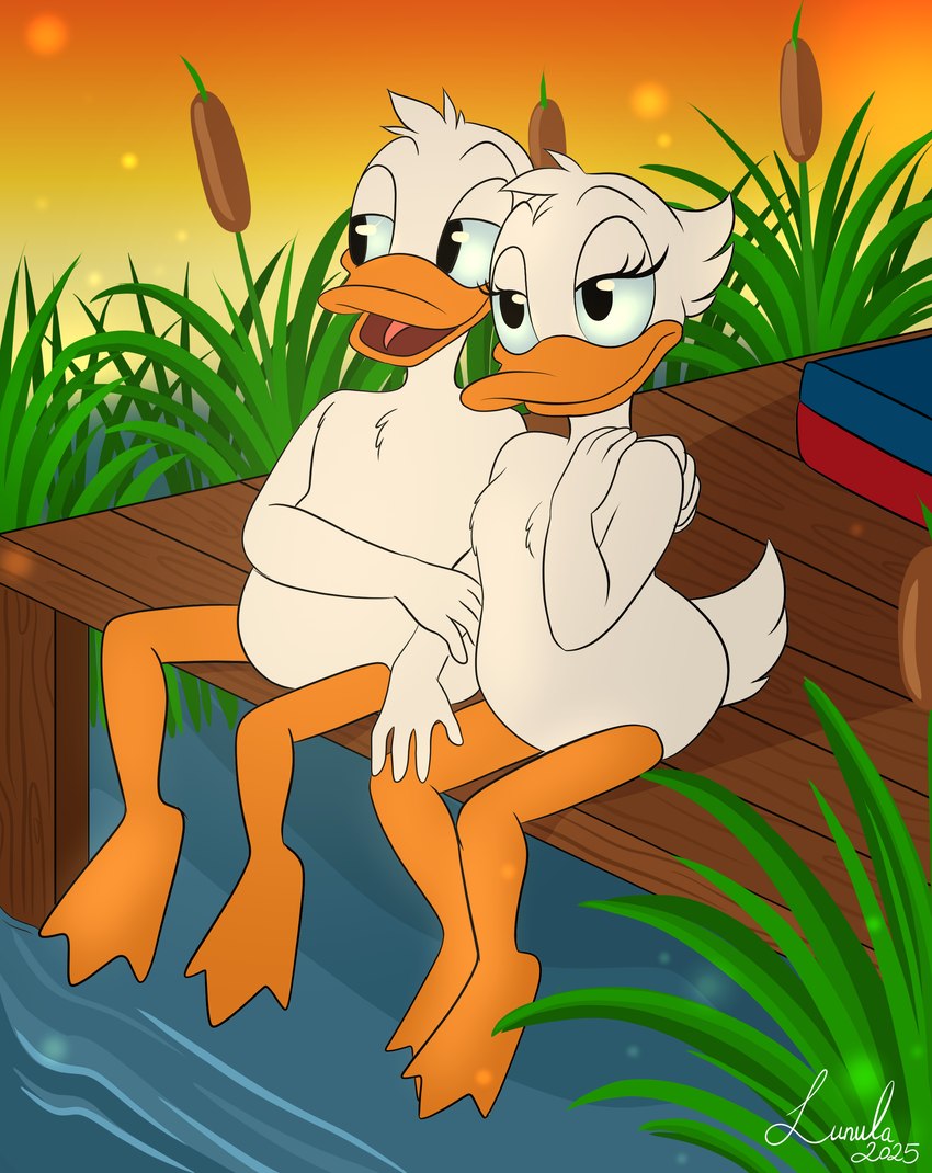 anthro cattail_(plant) clothing clothing_aside duck_footed duo female holding_partner male male/female nude peaceful_scenery pier romantic romantic_ambiance romantic_couple sitting_together sunset kinkypeach disney fantasia_2000 daisy_duck donald_duck anatid anseriform avian bird duck absurd_res hi_res