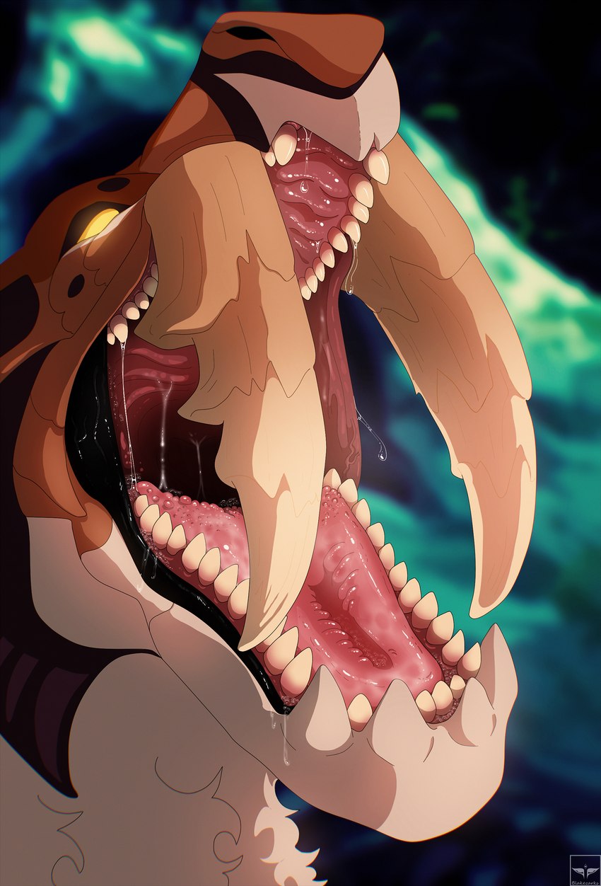 bodily_fluids dripping feral front_view male mouth_shot open_mouth presenting saliva saliva_drip saliva_on_tongue solo teeth teeth_showing throat blakezarks capcom monster_hunter gareth_emlegthross barioth flying_wyvern monster cel_shading headshot_portrait hi_res portrait shaded