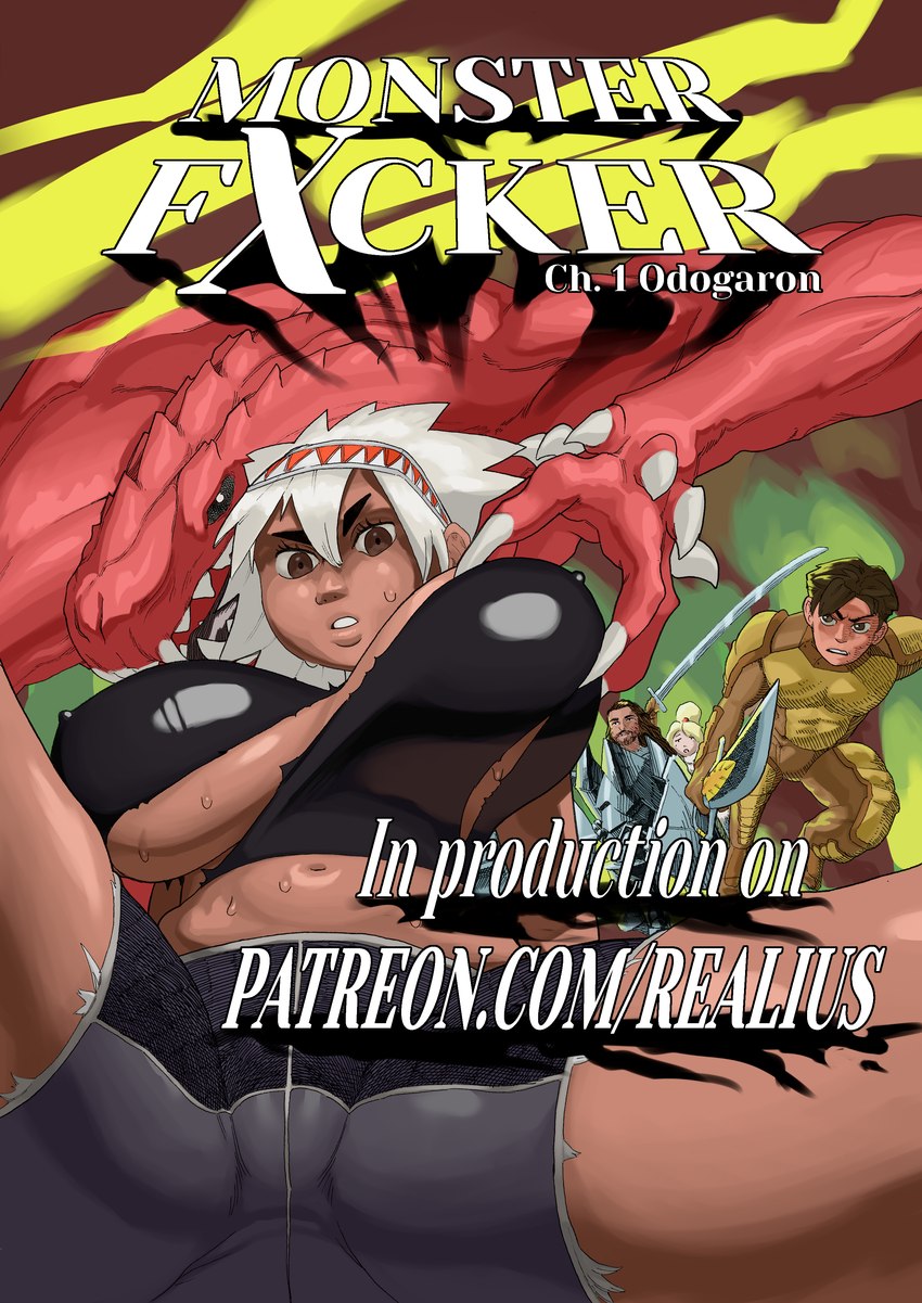 anthro big_breasts breasts clothing female grope group huge_breasts looking_at_viewer male thick_thighs torn_clothing realius capcom monster_hunter fanged_wyvern human mammal odogaron absurd_res cover cover_art cover_page hi_res