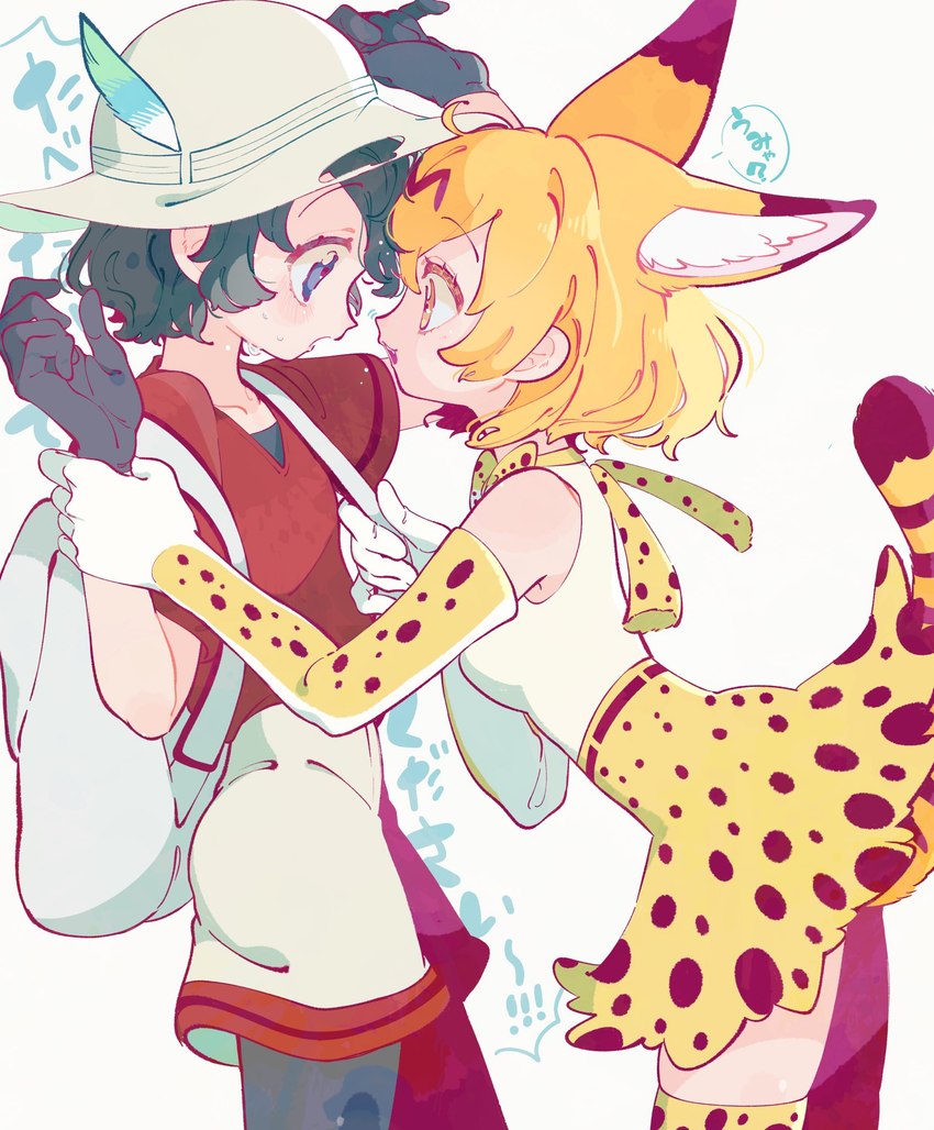 breasts clothed clothing duo eye_contact female hat headgear headwear looking_at_another text takoya_de kemono_friends kaban-chan serval-chan animal_humanoid felid felid_humanoid feline feline_humanoid humanoid mammal mammal_humanoid serval_humanoid hi_res japanese_text