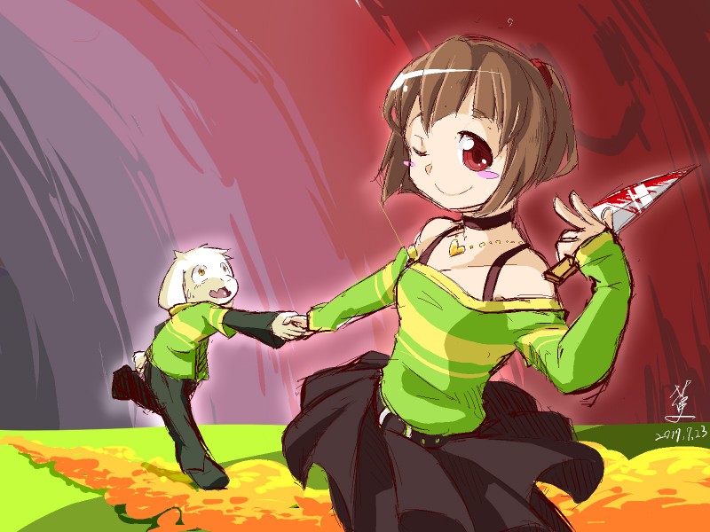 anthro blood bodily_fluids clothed clothing duo female fully_clothed hand_holding holding_object human_focus knife looking_at_viewer not_furry_focus one_eye_closed smile solo_focus standing wink young bananana8729 undertale undertale_(series) asriel_dreemurr chara_(undertale) boss_monster_(undertale) bovid caprine human mammal 4:3 hi_res