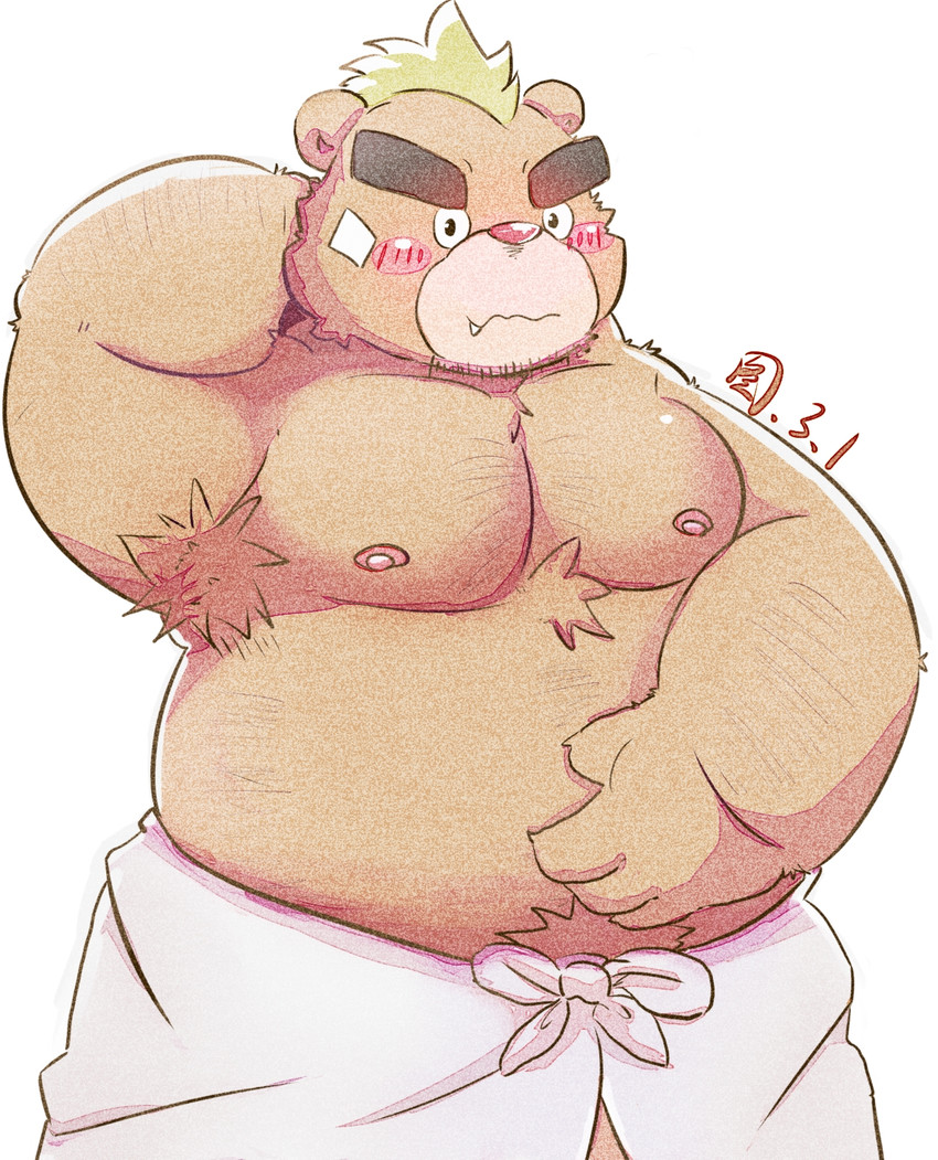 anthro armpit_hair belly blush body_hair brown_body brown_fur fur humanoid_hands kemono male moobs nipples overweight overweight_anthro overweight_male simple_background solo towel white_background lantu_(artist) lifewonders tokyo_afterschool_summoners ashigara_(tas) bear mammal 2021 hi_res