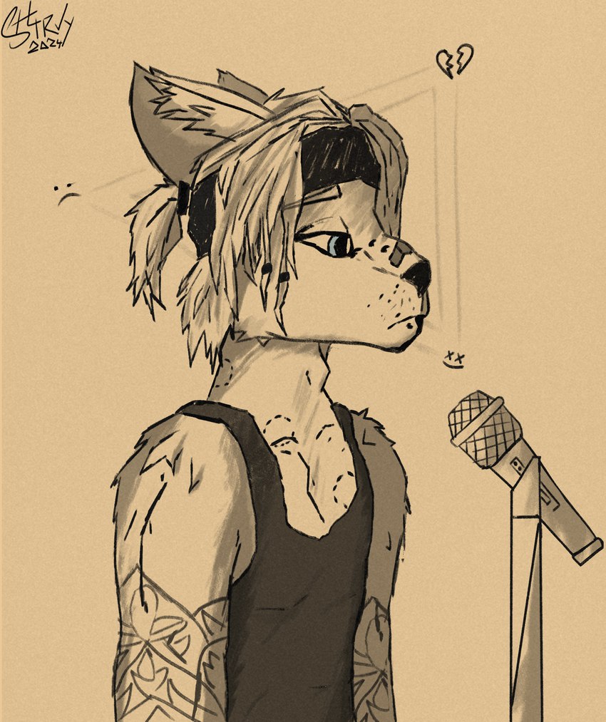 accessory anthro band band-aid bandage bite_mark clothing ears_down electronics hair headband male microphone piercing pivoted_ears ponytail sad shirt solo tank_top tattoo topwear st4rvy_(artist) domestic_cat felid feline felis mammal siamese hi_res