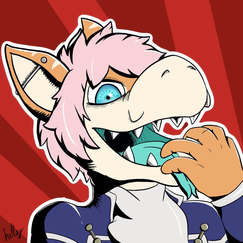 5_fingers anthro barbel_(anatomy) blue_eyes blue_tongue clothed clothing ear_piercing fingers forked_tongue hair long_tongue looking_at_viewer male open_mouth orange_body piercing pink_hair sharp_teeth simple_background solo teeth tongue tongue_out hellsy shin_megami_tensei_iv phio carpet_shark fish ginglymostomatid hybrid marine nurse_shark reptile scalie shark snake 1:1 cel_shading hi_res portrait shaded