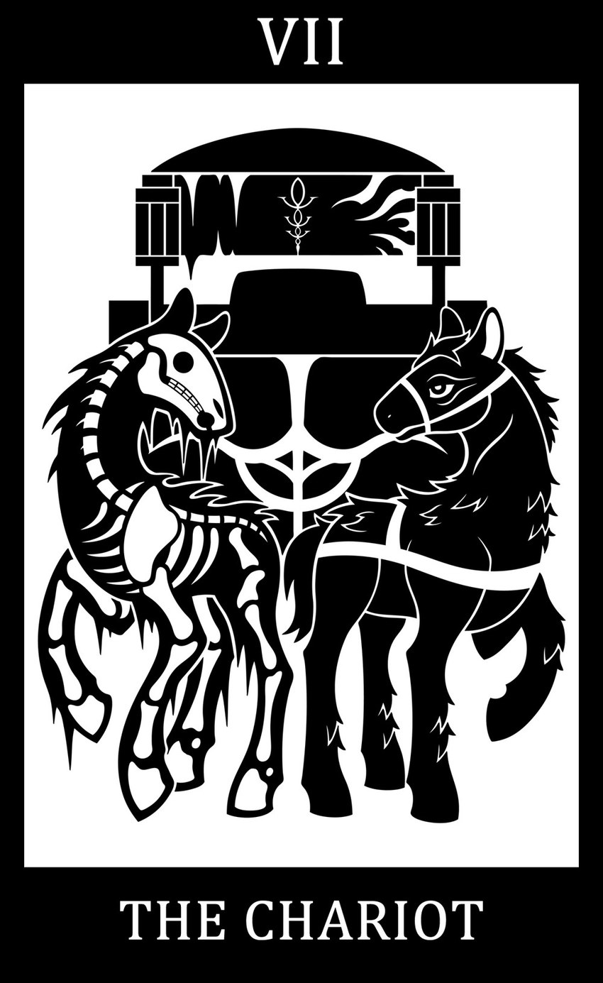 ambiguous_feral ambiguous_gender black_border bone border bridle card chariot_(vehicle) duo ears_up eye_contact feral fetlocks fur harness head_turned hooves looking_at_another major_arcana mane number pupils quadruped raised_hoof rib_cage roman_numeral shoulder_pads silhouette simple_background skeleton skull spine standing tail tarot tarot_card text the_chariot_(tarot) vertebrae white_background white_text sunnyclockwork bloodborne fromsoftware sony_corporation sony_interactive_entertainment animated_skeleton equid equine horse mammal undead 2016 black_and_white digital_drawing_(artwork) digital_media_(artwork) english_text hi_res monochrome