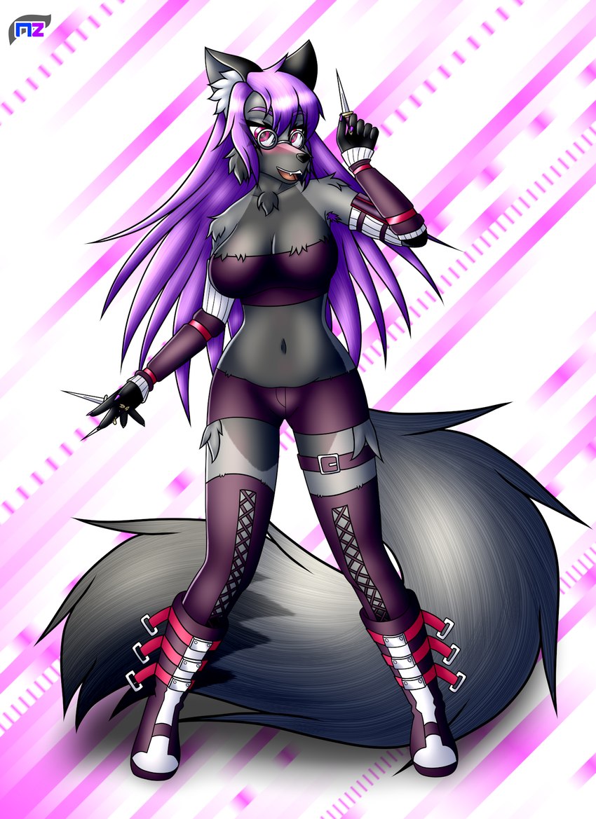 anthro armpit_hair belly big_breasts blush body_hair boots bottomwear breasts cleavage clothed clothing colored_nails cosplay eyewear female fingers fluffy fluffy_tail footwear fur glasses hair hotpants inner_ear_fluff legwear long_hair looking_at_viewer mature_anthro mature_female nails navel open_mouth purple_hair purple_nails red_eyes shoes shorts simple_background smile solo stockings tail teeth thigh_highs topwear tube_top tuft newzorra trickster_online niti_morgan-zorra canid canine fox mammal red_fox silver_fox true_fox digital_media_(artwork) hi_res