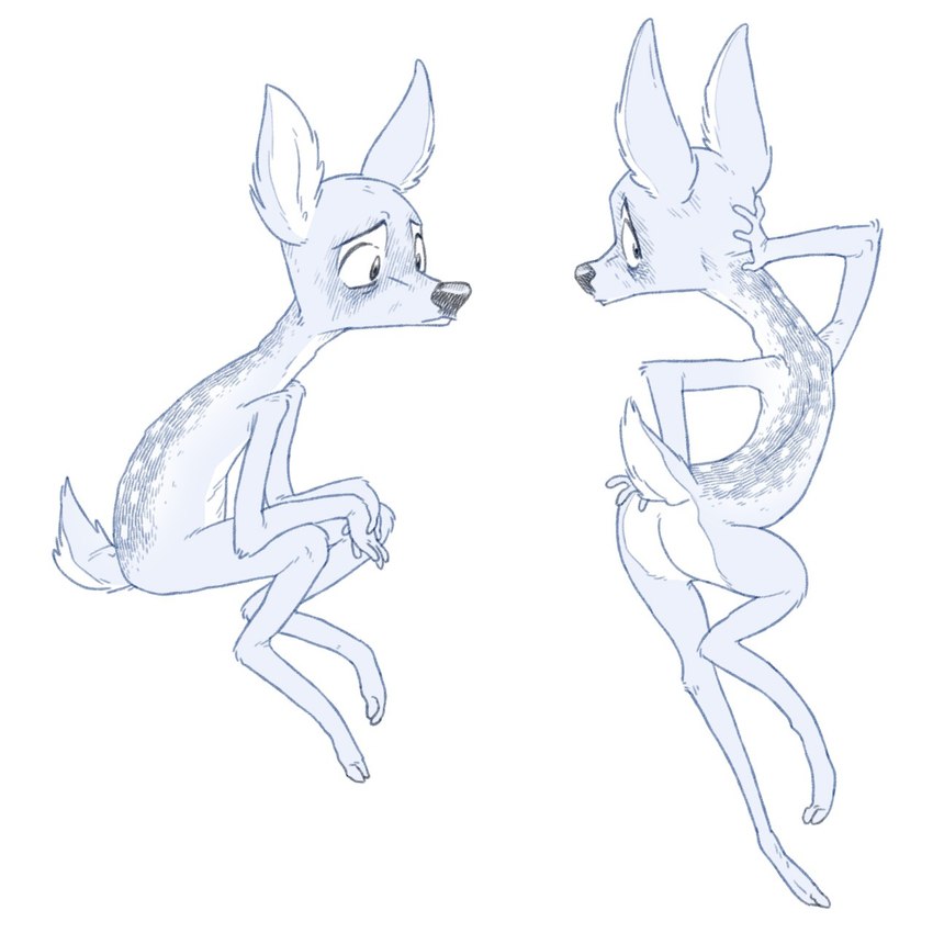 anthro butt cloven_hooves eyebrows fur hooves humanoid_hands looking_back male multiple_poses on_one_leg pose rear_view scut_tail short_tail sitting snout solo standing tail unguligrade ljrmr blue_(ljrmr) deer mammal 1:1 2016 blue_and_white digital_drawing_(artwork) digital_media_(artwork) hatching_(art) hi_res monochrome paint_tool_sai_(artwork) shaded nonbinary_(lore)