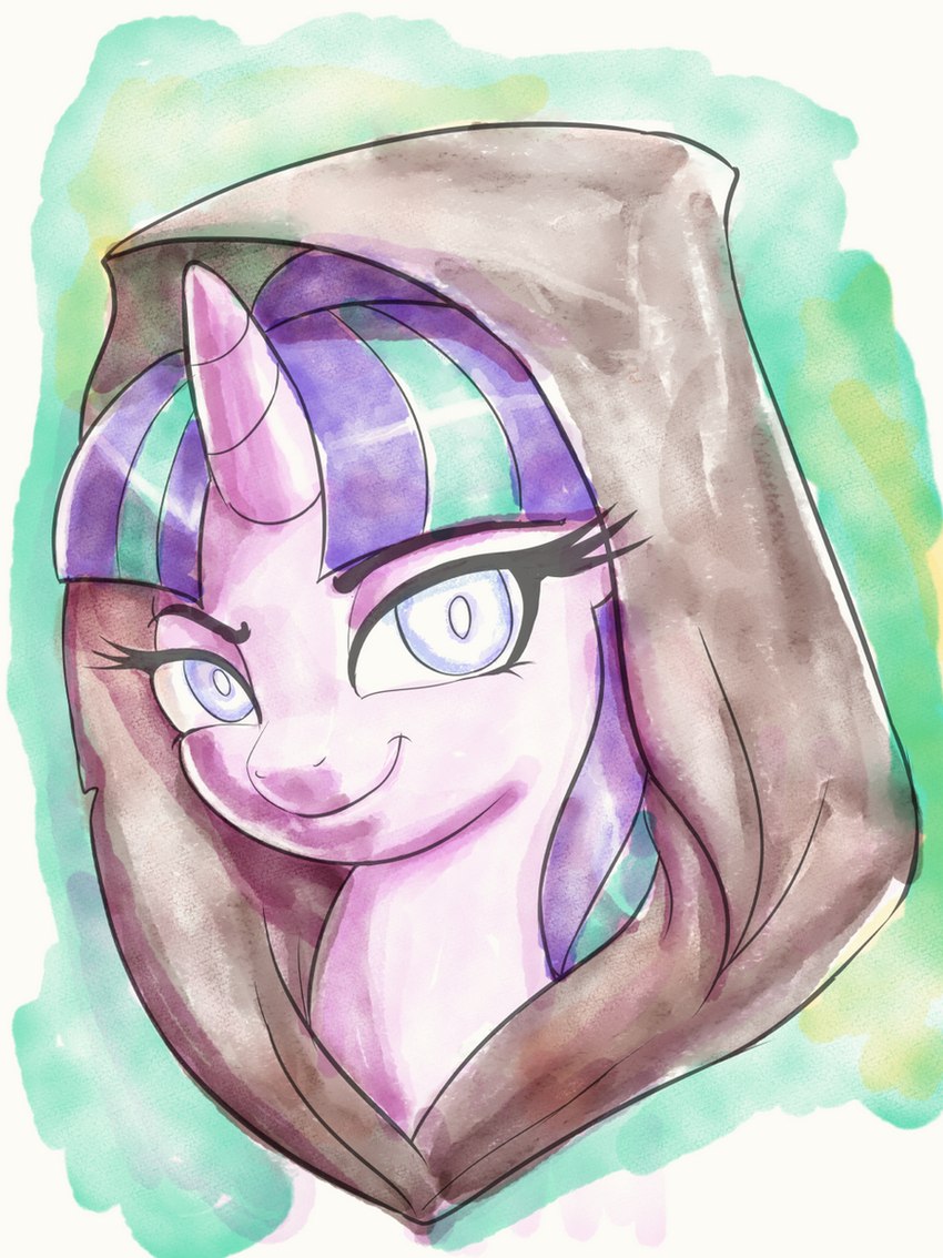 eyebrows eyelashes female feral fur hair hood horn looking_at_viewer multicolored_hair pink_body pink_fur purple_eyes purple_hair purple_sclera smile smiling_at_viewer solo teal_hair two_tone_hair raikoh-illust friendship_is_magic hasbro my_little_pony mythology starlight_glimmer_(mlp) equid equine mammal mythological_creature mythological_equine unicorn 2021 bust_portrait hi_res painting_(artwork) portrait traditional_media_(artwork) watercolor_(artwork)