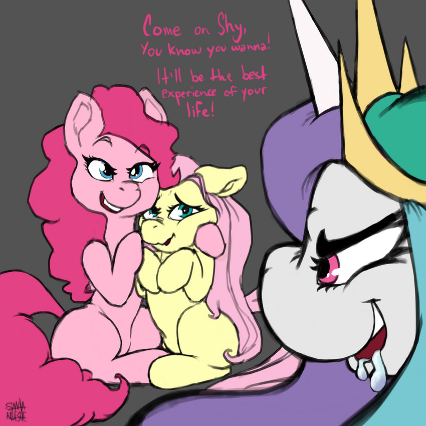 fluttershy, pinkie pie, and princess celestia (friendship is magic and etc) created by saintmuerte