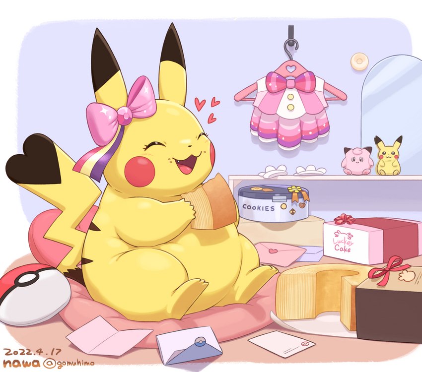 belly bow_(feature) bow_ribbon cake clothing cookie_box cosplay_pikachu_(costume) crumbs dessert eating eating_cake eyes_closed fat_rolls featureless_crotch female feral food food_container happy head_accessory heart_symbol letter obese obese_female obese_feral open_mouth open_smile overweight overweight_female overweight_feral pillow plushie pokeball ribbons sitting smile solo sweets tail twitter_handle weight_gain nawa nintendo pokemon pikachu_pop_star generation_1_pokemon pikachu pokemon_(species) 2022 dated signature