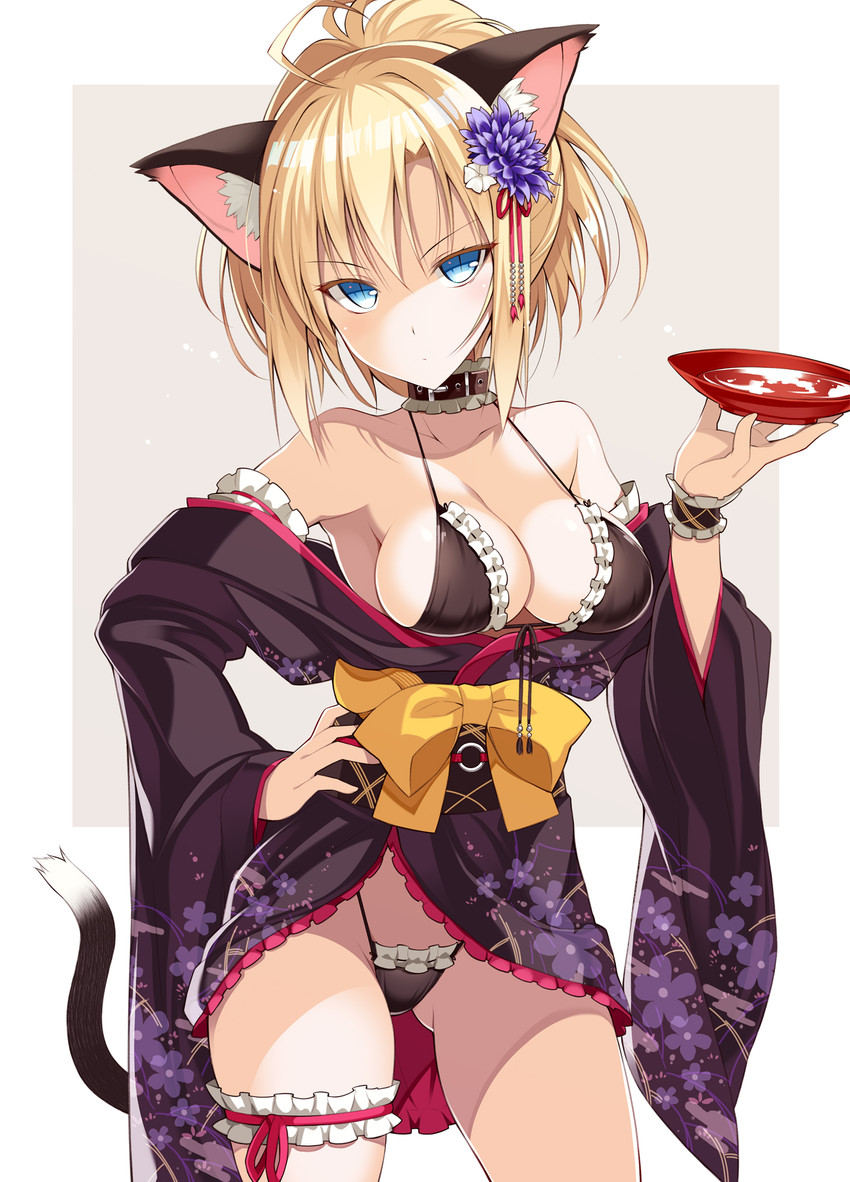 accessory alcohol beverage big_breasts blonde_hair blue_eyes breasts choker clothing female flower flower_in_hair hair hair_accessory hand_on_hip jewelry looking_at_viewer necklace plant sake simple_background solo underwear white_background oota_yuuichi animal_humanoid cat_humanoid felid felid_humanoid feline feline_humanoid humanoid mammal mammal_humanoid 2019 hi_res