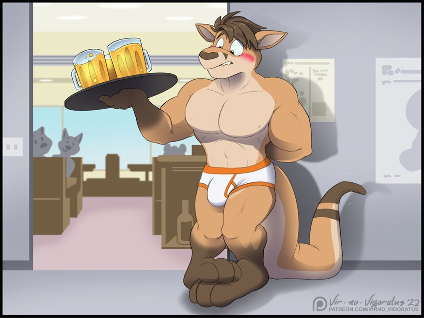 alcohol anthro barefoot beer beverage big_feet big_muscles bite biting_lip blush briefs brown_body brown_eyes brown_fur brown_hair brown_nose bulge clothed clothing colored_seam_underwear crossed_feet day feet fur group hair hand_behind_back inside legwear looking_down male midriff multicolored_body multicolored_clothing muscular muscular_male open_mouth orange_seam_briefs orange_seam_underwear restaurant solo_focus tan_body tan_fur teeth_showing text thigh_highs tighty_whities toony topless underwear underwear_only white_briefs white_clothing white_underwear vir-no-vigoratus himbo_hooters todd_(vir-no-vigoratus) kangaroo macropod mammal marsupial himbo 2022 4:3 english_text url