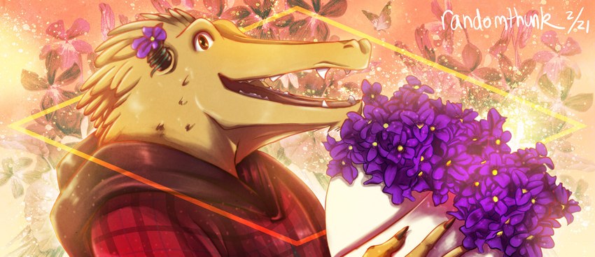 anthro bouquet brown_claws brown_eyes brown_horn claws clothed clothed_anthro clothed_male clothing finger_claws fingers floral_background flower flower_bouquet flower_on_horn holding_bouquet holding_flower holding_object hooded_robe horn light looking_at_viewer male male_anthro open_mouth open_smile orange_background paladin pattern_clothing pink_tongue plaid plaid_clothing plaid_robe plant purple_flower red_clothing red_robe robe scales sharp_teeth simple_background smile smiling_at_viewer solo teeth tongue violet_(flower) yellow_body yellow_scales randomthunk dungeons_and_dragons hasbro oxventure wizards_of_the_coast egbert_(oxventure) dragonborn_(dnd) 2021 artist_name bust_portrait colored dated digital_drawing_(artwork) digital_media_(artwork) english_description hi_res lighting portrait shaded