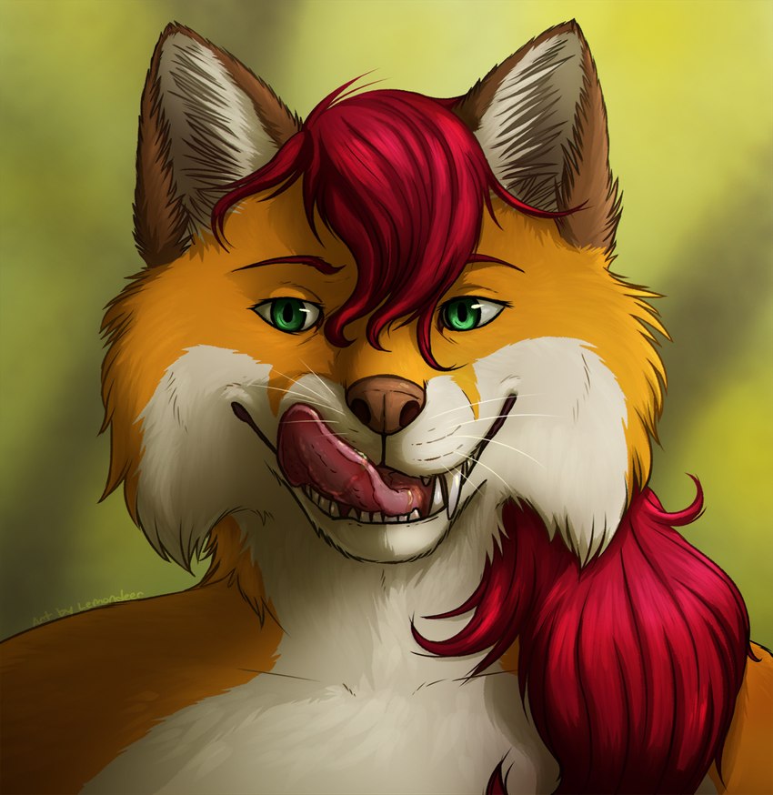 anthro bodily_fluids drooling female fur hair open_mouth saliva simple_background smile solo tongue tongue_out lemondeer canid canine fox mammal digital_media_(artwork) hi_res