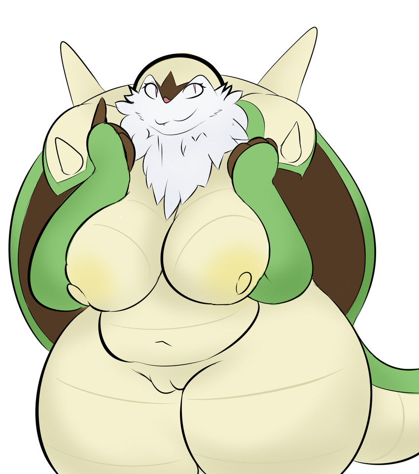 anthro areola belly big_belly big_breasts big_butt breast_squish breasts butt female genitals huge_butt huge_thighs looking_at_viewer navel nipples overweight overweight_anthro overweight_female pussy shell smile solo squish thick_thighs wide_hips plantedpot nintendo pokemon chesnaught generation_6_pokemon pokemon_(species) absurd_res hi_res