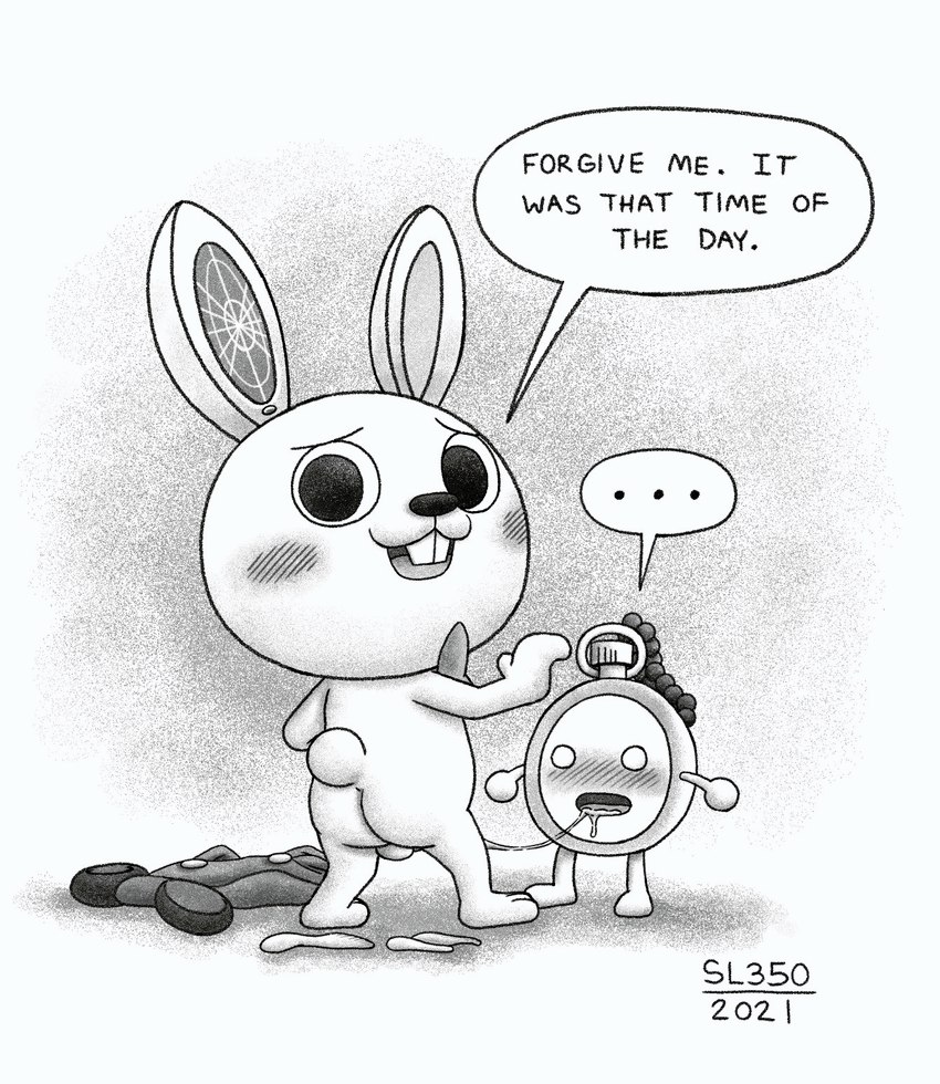 :o after_fellatio after_oral after_sex ambiguous_gender anthro balls barefoot big_dom_small_sub big_eyes big_head black_eyes black_nose blush bodily_fluids bow_tie bow_tie_only buckteeth butt clock clothed clothing cum cum_on_ground cum_string dialogue dominant drooling duo earless ellipsis embarrassed featureless_crotch feet footwear genital_fluids genitals grey_background grey_ears grey_tongue long_ears looking_at_viewer looking_back male mostly_nude multicolored_ears noseless nude o_o open_mouth overalls pocketwatch presenting presenting_balls presenting_hindquarters raised_arm round_body round_head saliva scut_tail shadow shoes short_tail simple_background simple_eyes size_difference small_butt speech_bubble standing tail talking_to_viewer teeth text tongue watch white_background white_balls white_body white_butt white_ears white_eyes white_tail wide_eyed young sl350 taiko_no_tatsujin taiko_no_tatsujin_rhythmic_adventure_1 ticky_(taiko_no_tatsujin) tocky_(taiko_no_tatsujin) animate_inanimate lagomorph leporid mammal rabbit 2021 black_and_white detailed english_text hi_res monochrome sketch