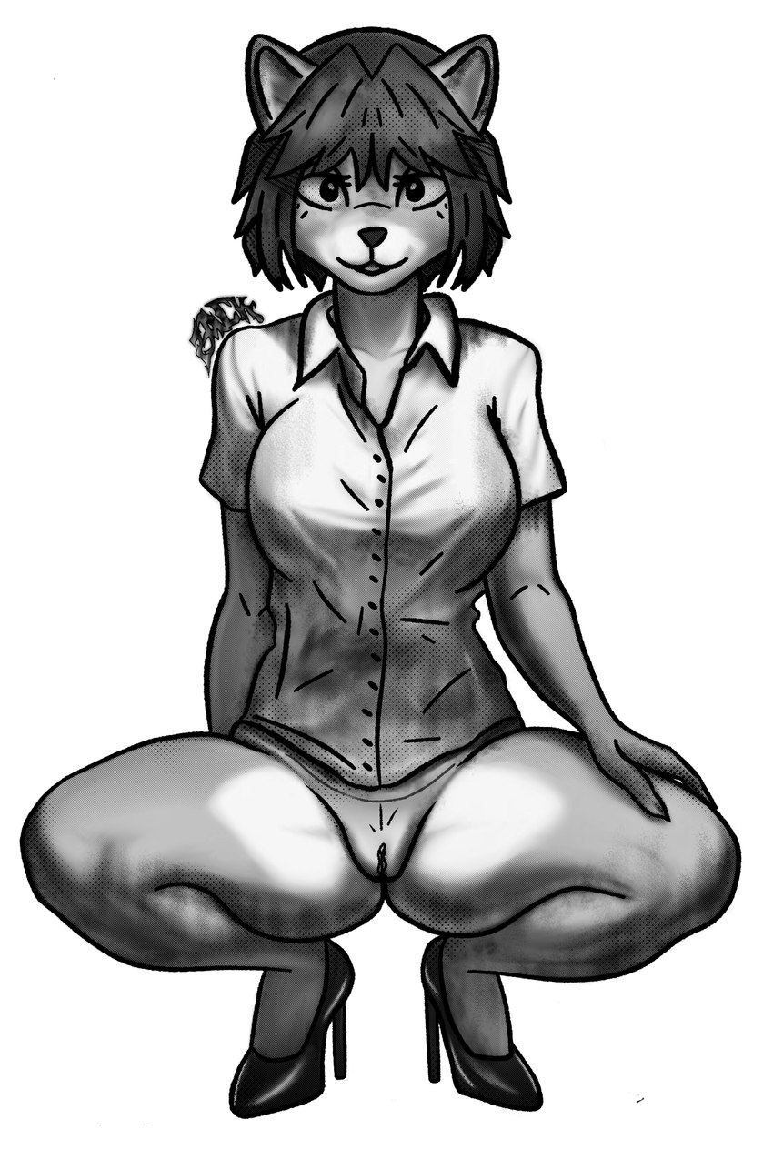 anthro breasts clothing crouching female footwear genitals hair half_naked hand_on_leg high_heels looking_at_viewer pussy shirt shoes short_hair smile solo thick_thighs topwear zak898 nintendo star_fox krystal_(star_fox) canid canine fox mammal comic digital_media_(artwork) hi_res monochrome