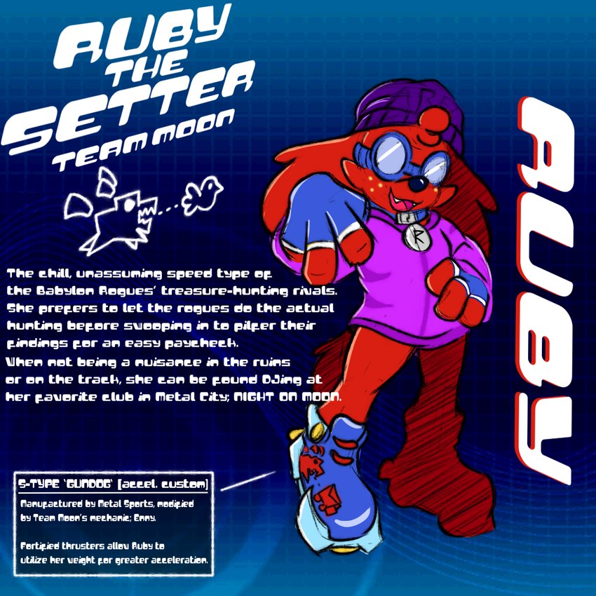 abstract_background anthro beanie clothing collar extreme_gear eyewear female fingerless_gloves fur gloves goggles handwear hat headgear headwear red_body red_fur solo style_emulation text y2k_(graphic_design) lazy_ruby sega sonic_riders sonic_the_hedgehog_(series) ruby_mello_(dynamitegrizzly) bird_dog canid canine canis domestic_dog hunting_dog irish_setter mammal setter 1:1 english_text hi_res trans_(lore) trans_woman_(lore)