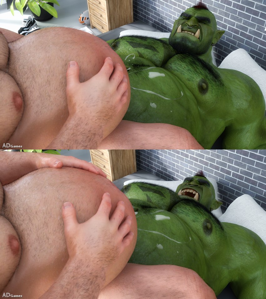 abdominal_bulge belly belly_inflation bodily_fluids cum cum_inflation cum_inside duo genital_fluids green_body green_skin inflation male male/male nipples ad-games boruk_(ad-games) johnathan_(ad-games) human humanoid mammal orc 3d_(artwork) digital_media_(artwork) hi_res