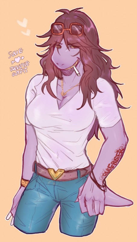 anthro belt bottomwear bracelet breasts chalk cleavage clothed clothing denim denim_bottomwear denim_clothing eyewear female hair heart_symbol jeans jewelry necklace non-mammal_breasts pants shirt simple_background smile solo stylish sunglasses teeth text topwear kosafordraw deltarune undertale_(series) susie_(deltarune) mammal reptile scalie 2019 digital_media_(artwork) english_text hi_res