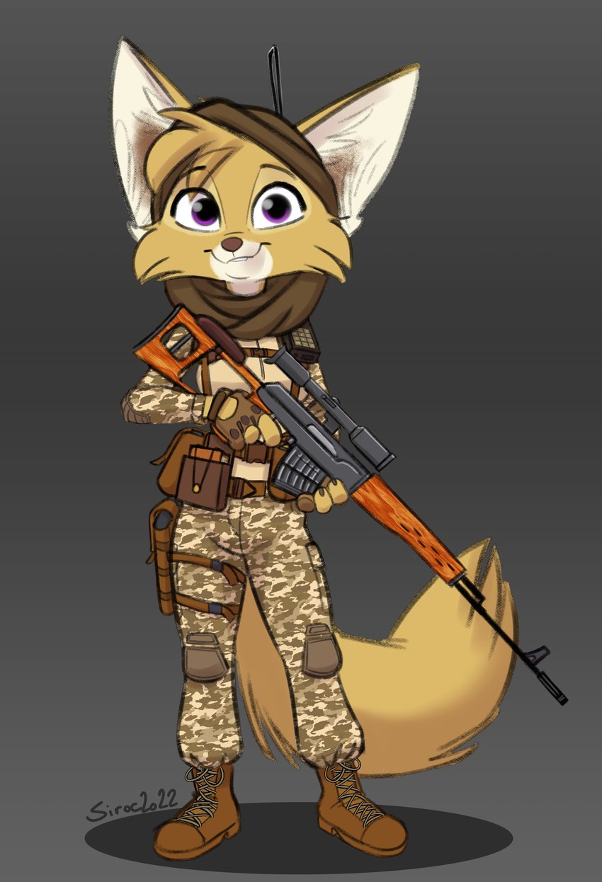 anthro bad_trigger_discipline boots camo camo_print clothing dragunov dragunov_svd eyebrows eyelashes female fingerless_gloves footwear fur gloves gun handwear holding_gun holding_object holding_ranged_weapon holding_weapon holster inner_ear_fluff knee_pads looking_at_viewer military purple_eyes ranged_weapon rifle scope shoes smile smiling_at_viewer sniper_rifle solo svd tan_body tan_fur tuft weapon white_body white_fur siroc jsc_kalashnikov_concern canid canine fennec_fox fox mammal true_fox 2022 absurd_res hi_res