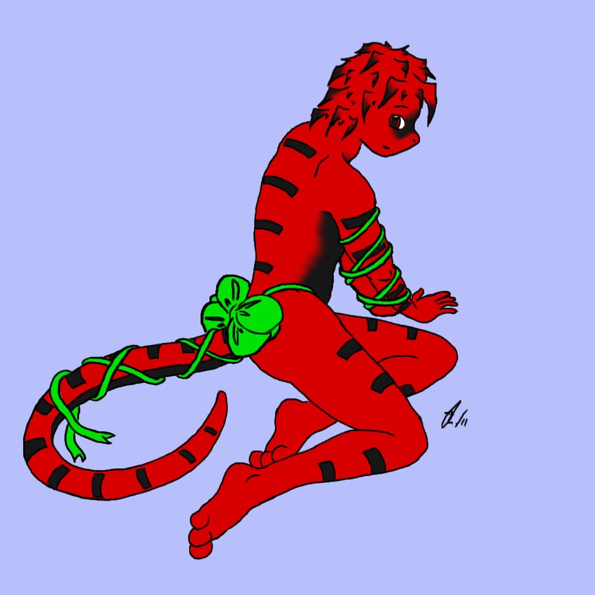 anthro black_body black_skin blue_background frown green_ribbon male red_body red_eyes red_skin ribbons simple_background solo aemi furx_(character) lizard reptile scalie 1:1 2011 digital_drawing_(artwork) digital_media_(artwork) signature