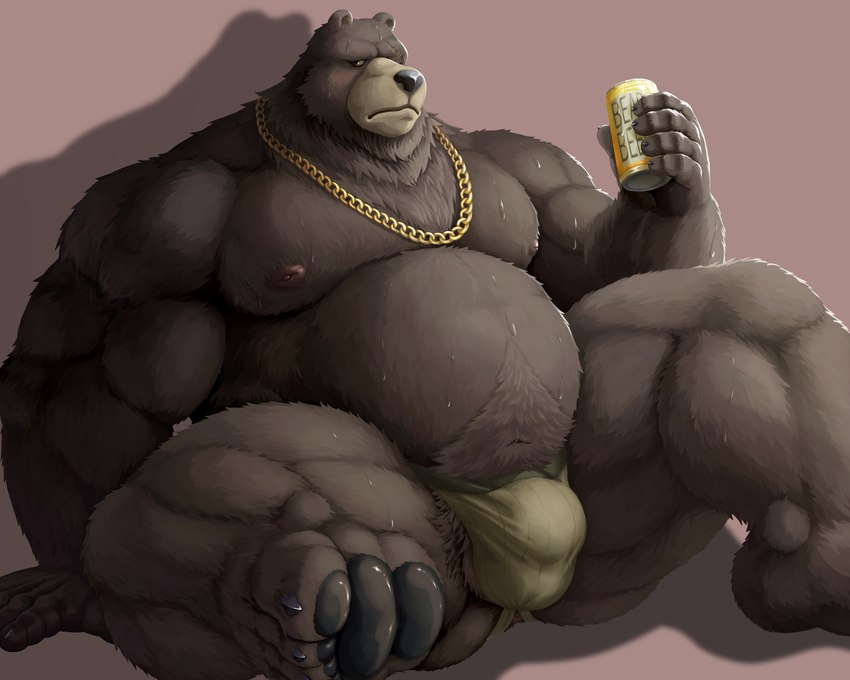 alcohol anthro anus beer belly beverage big_belly black_nose bulge can clothing container jockstrap kemono male moobs musclegut muscular nipples overweight overweight_male sitting solo underwear dendoro mihoyo zenless_zone_zero ben_bigger bear mammal 2022 5:4 hi_res